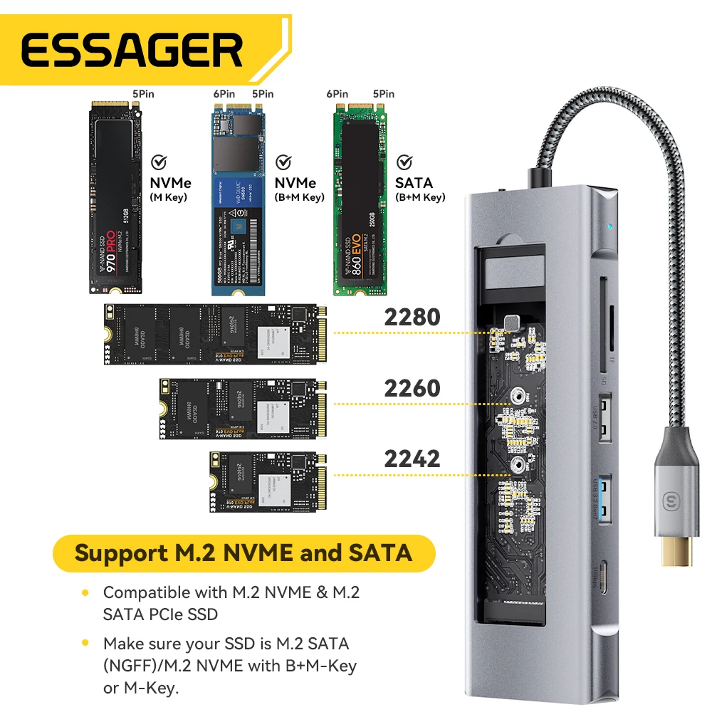 Essager 8-in-1 USB Hub With Disk Storage Function USB Type-c to HDMI-Compatible Laptop Dock Station For Macbook Pro Air M1 M2