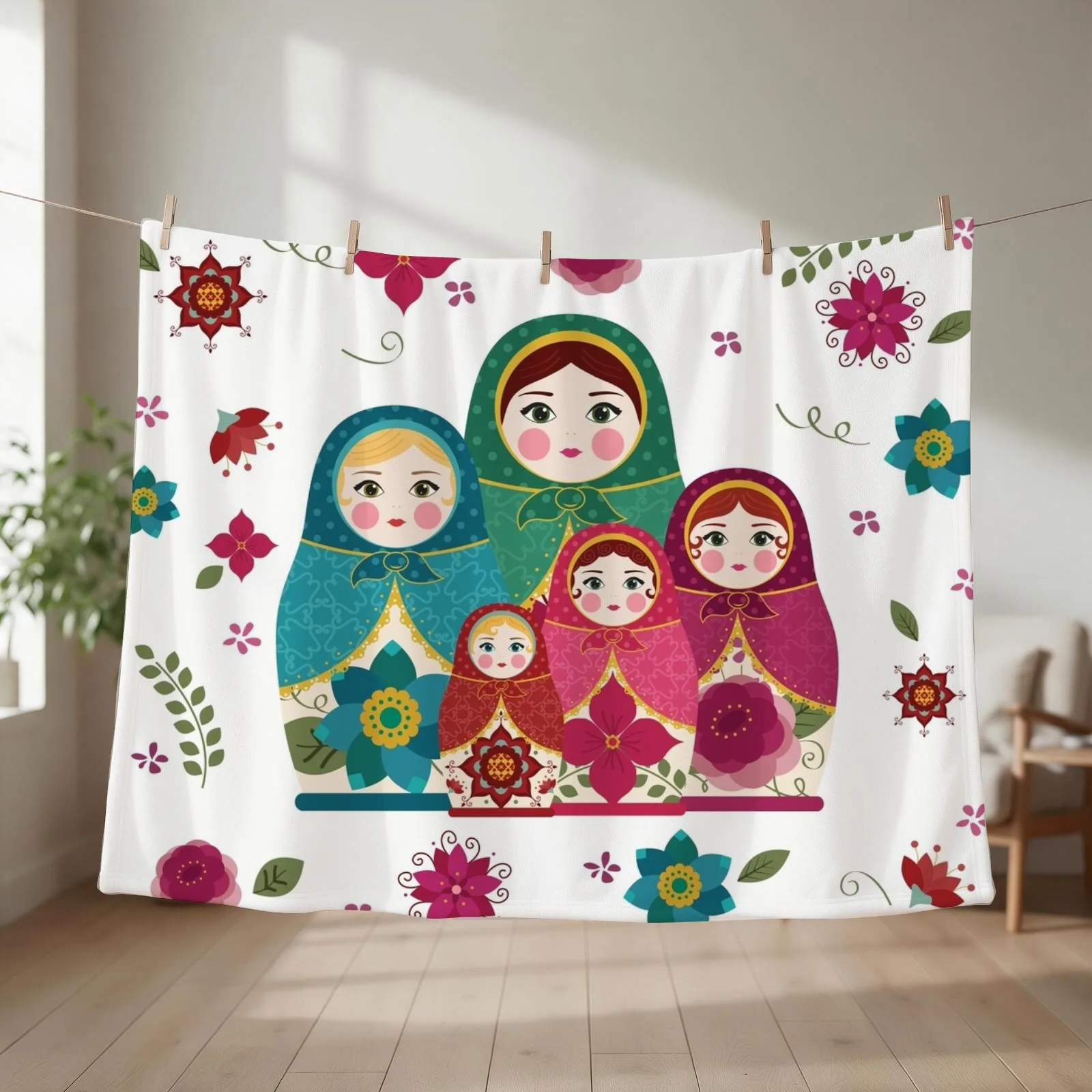 Russian Dolls White Throw Blanket couch cozy soft plush fuzzy picnic outdoor blanket
