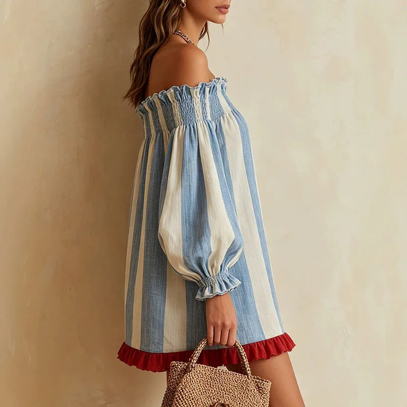 Elegant Striped Off Shoulder Mini Dress For Women Spring Long Puff Sleeves Fashion Date Night Evening Short Dresses Vestidos