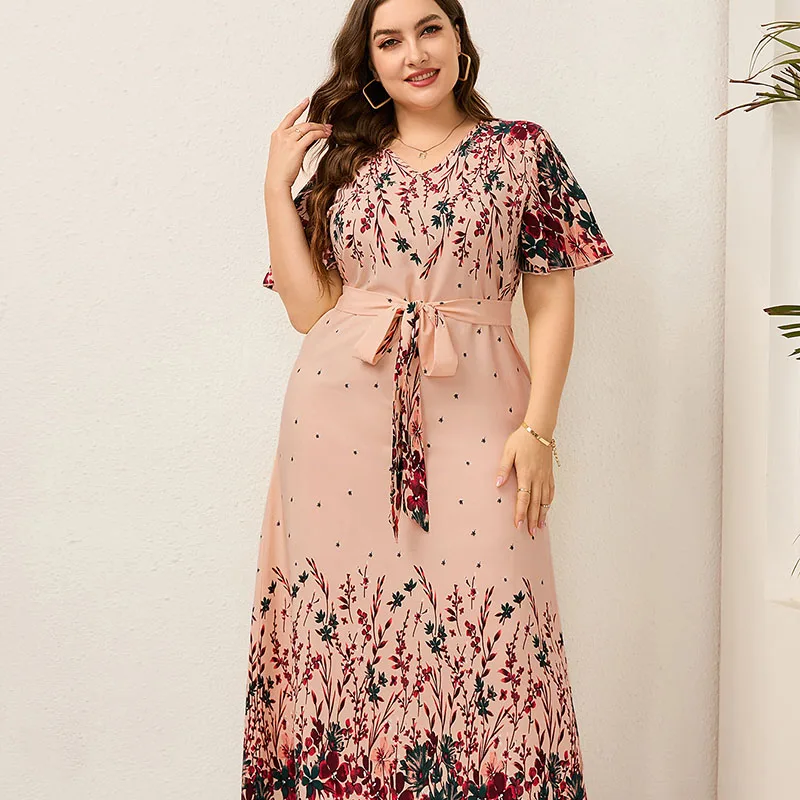 L-5XL abiti con scollo a v Plus Size abiti da festa a maniche corte con stampa bilaterale da donna abito da vacanza Casual a vita alta con cravatta alla moda