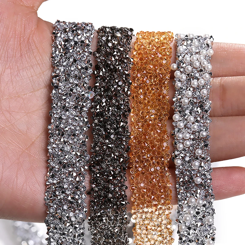 1 Yard Motif Rhinestones Trim Crystal Strass DIY Rhinestone Tape Applicator Glue On Rhinestones Iron On Appliques For Dress Bags