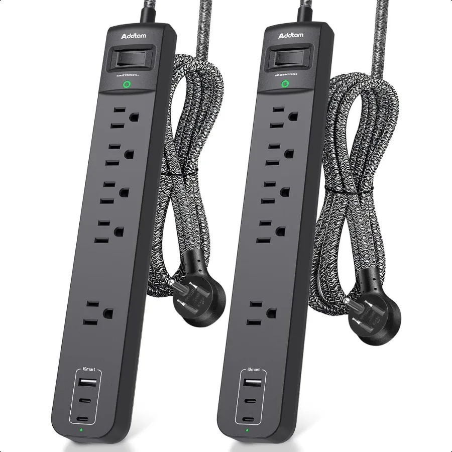 

2 Pack Power Strip Surge Protector 5 Widely Spaced Outlets 3 USB Charging Ports 1875W 15A 6Ft Braided Extension Cord Flat Plug