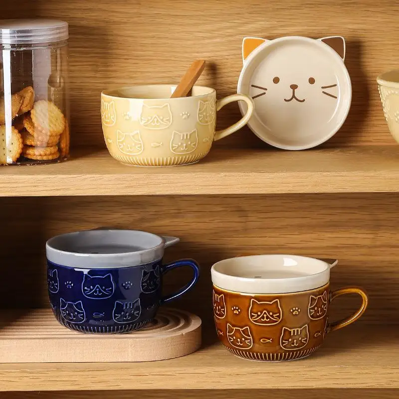 Caneca de Cerâmica com Escultura de Gato Fofo, Caneca para Café e Aveia, de Alto Valor Estético, para Café da Manhã em Casa, ...