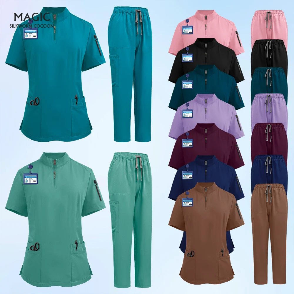 

Multicolor Pet Clinic Doctor Scrub Set Women Medical Surgery Workwear Scrub Uniforms Short Sleeve Vet Tops+Pants Nursing Uniform