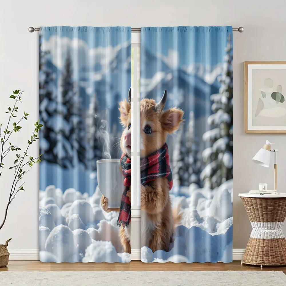 2 pcs, filtering curtains (excluding rods, non-movable, without batteries) A calf drinking hot cocoa for use in bedrooms and