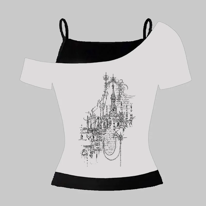 2000 년대 하이 스트리트 크리에이티브 코믹 패턴 프린트 티 고딕 펑크 Y2K 레트로 슬림 탑 패션 다목적 섹시한 클래식 여성 티셔츠