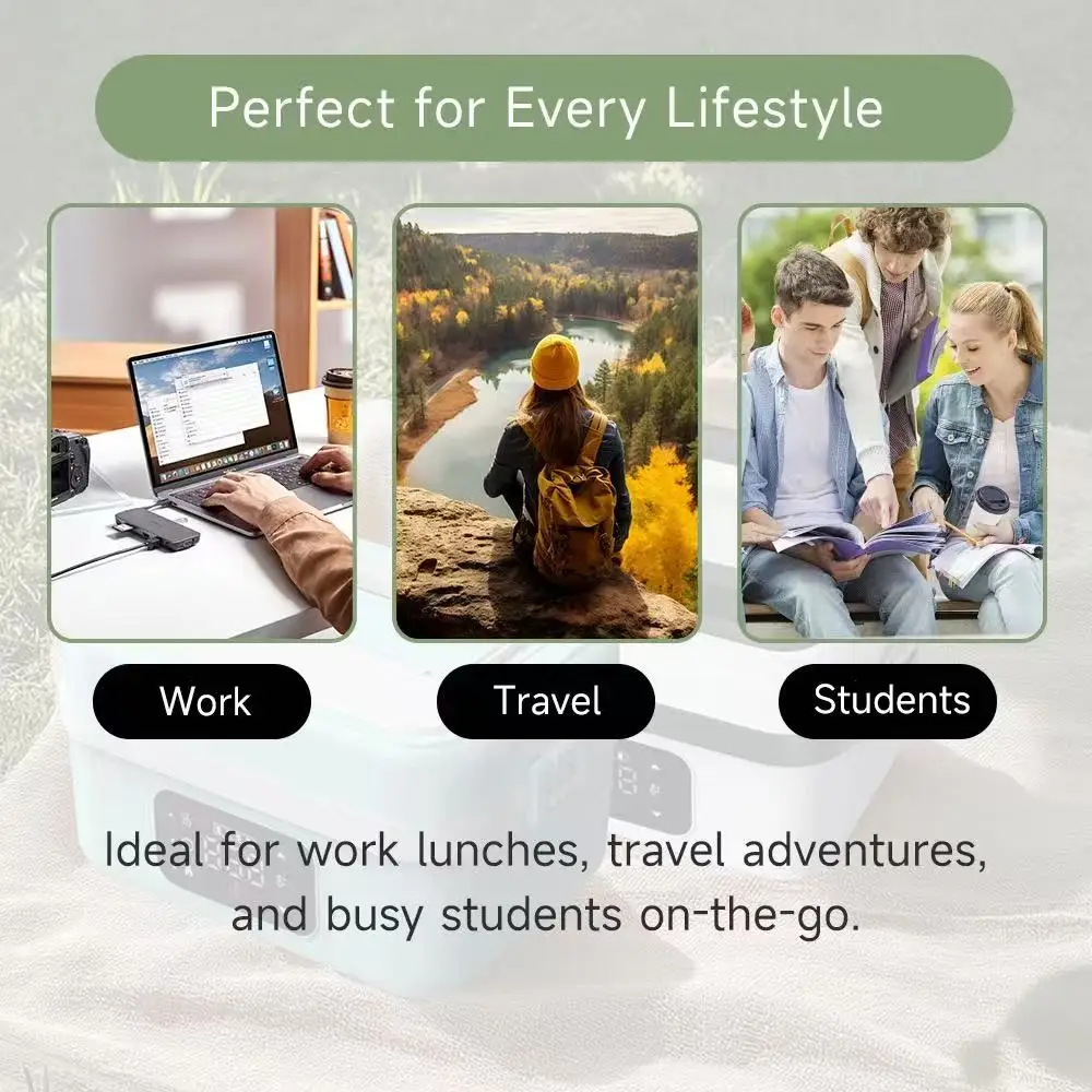 충전식 무선 도시락 가열 물이없는 도시락 상자 여행/사무실 LCD 디스플레이 용 대용량 절연 도시락 상자