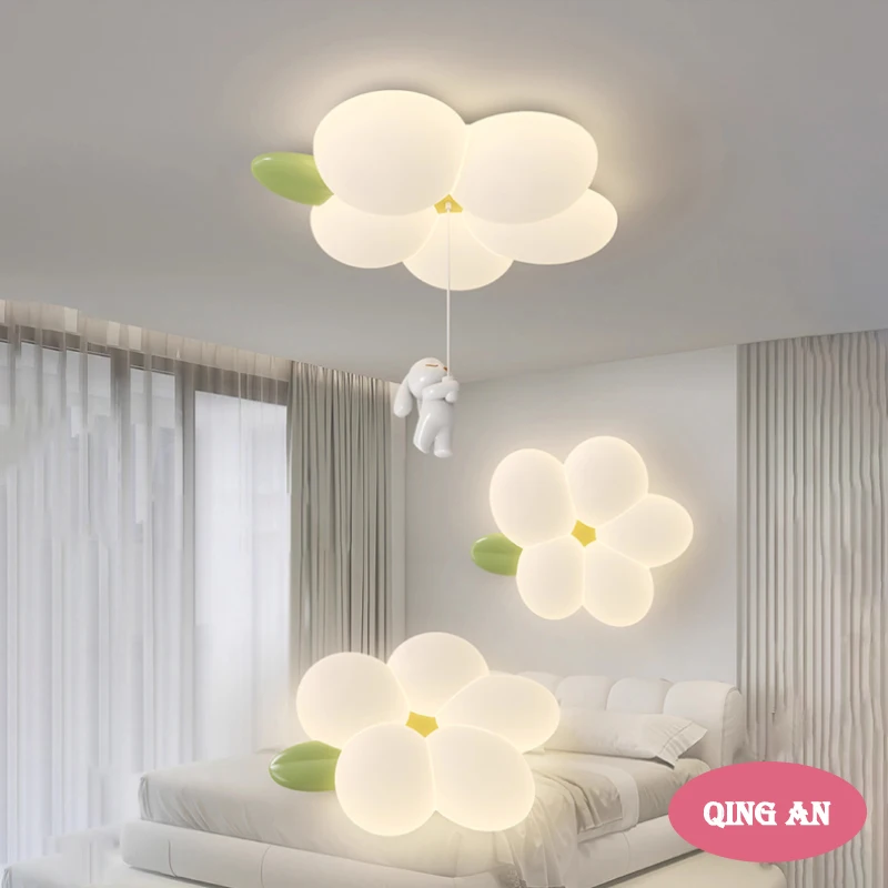 Petal Flower Children's Room Ceiling Lamps Cute Rabbit Flower Lamp Modern Romantic Warm Baby Room Girl Boy Bedroom Ceiling Light