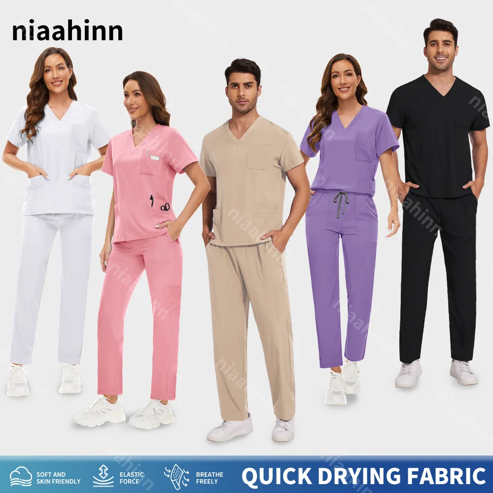NiaaHinn Scrub Suits Wholesale Operating Room Medical Set Short Sleeve Pharmacist Nurse Accessories Dentist Scrub Tops Pants Men