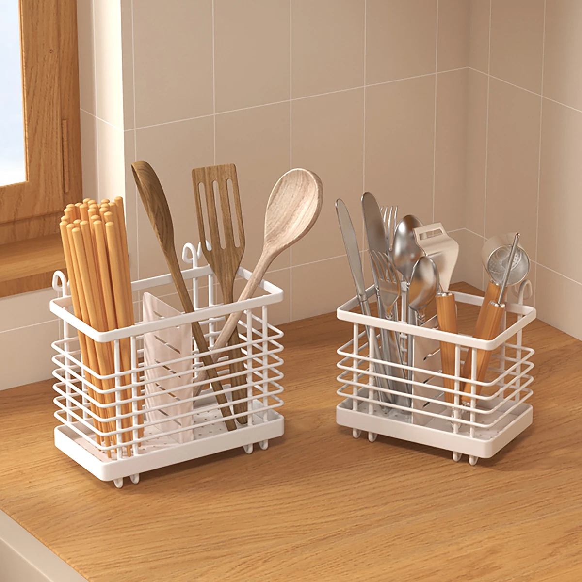 Non-Drilling Countertop Cutlery Rack Kitchen Utensil Storage Container Space-Saving Chopstick Storage Organizer