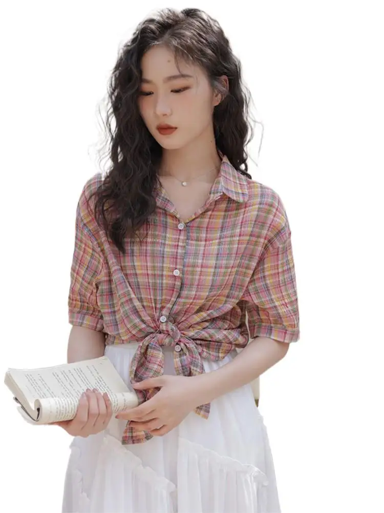 

Elegant Women's Cotton Linen Shirt Top Korean Casual Loose Daily Women's Shirts&blooms Summer New Plaid Print Beach Shirt roupas