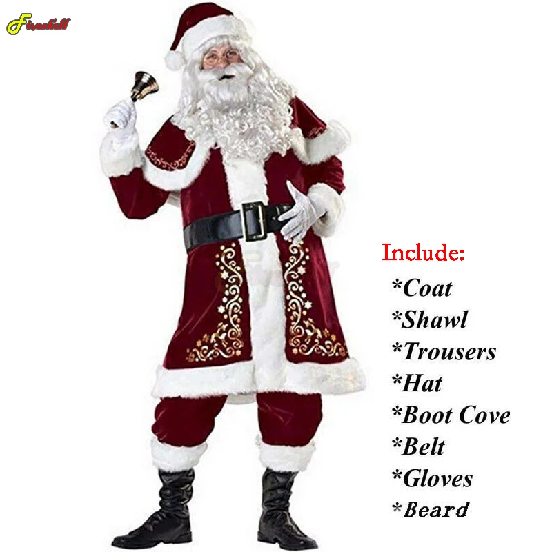 Santa Claus Anzug Mann Erwachsene Cosplay Weihnachten Kostüm Red Deluxe Samt Phantasie 8 Pcs Set Xmas Party Familie Weihnachten Kostüm