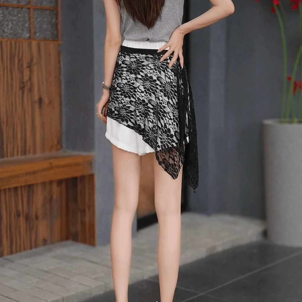 Embroidered Flower Lace Skirt Y2K Streetwear Irregular Hollow Out Skirt See Through High Waist Layering Skirt Jeans Decoration