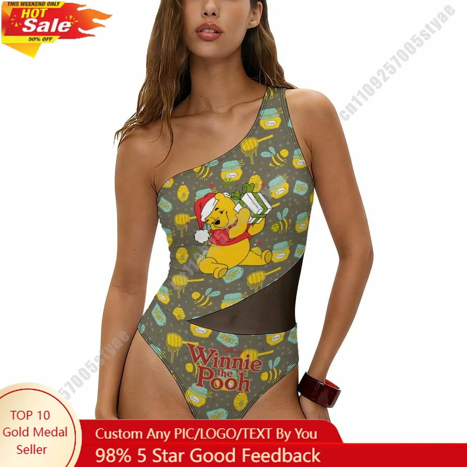 

Winnie The Pooh Swimwear Disney Cartoon Women Mesh One Piece Swimsuit Summer Fashion Beachwear Tummy Control One Shoulder Swimsu