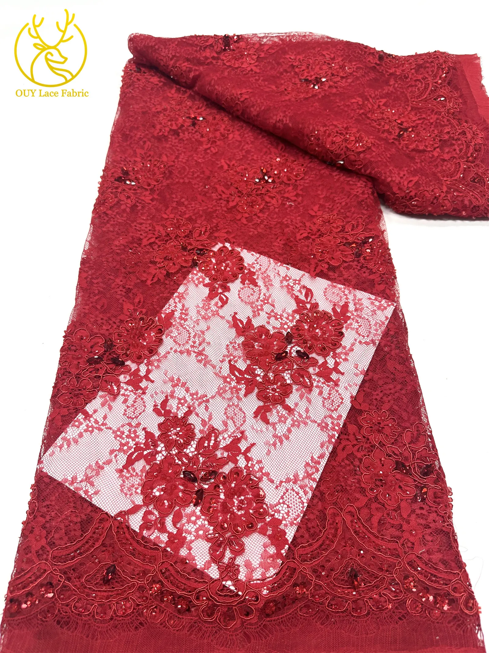 Roter Afrikanischer Bräutigam Stickerei Perlen Pailletten Spitzenstoff 3 Meter Strass Französischer Tüll Spitzenstoff Nigerianisches Hochzeitskleid – Detail 9