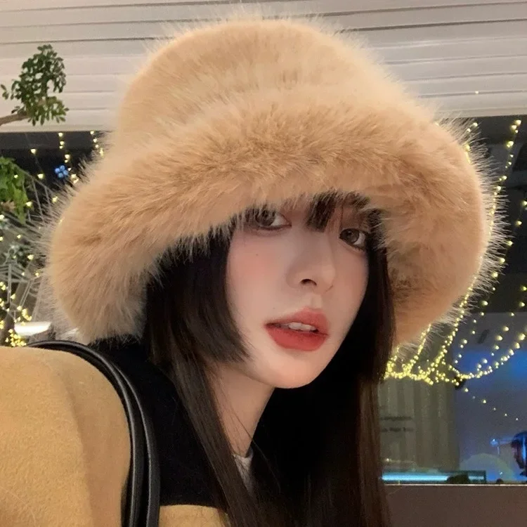 

Luxury Faux Mink Fur Bucket Hats for Women Winter Warm Fluffy Plush Fisherman Hat for High Quality Warm Thicken Beanies Caps