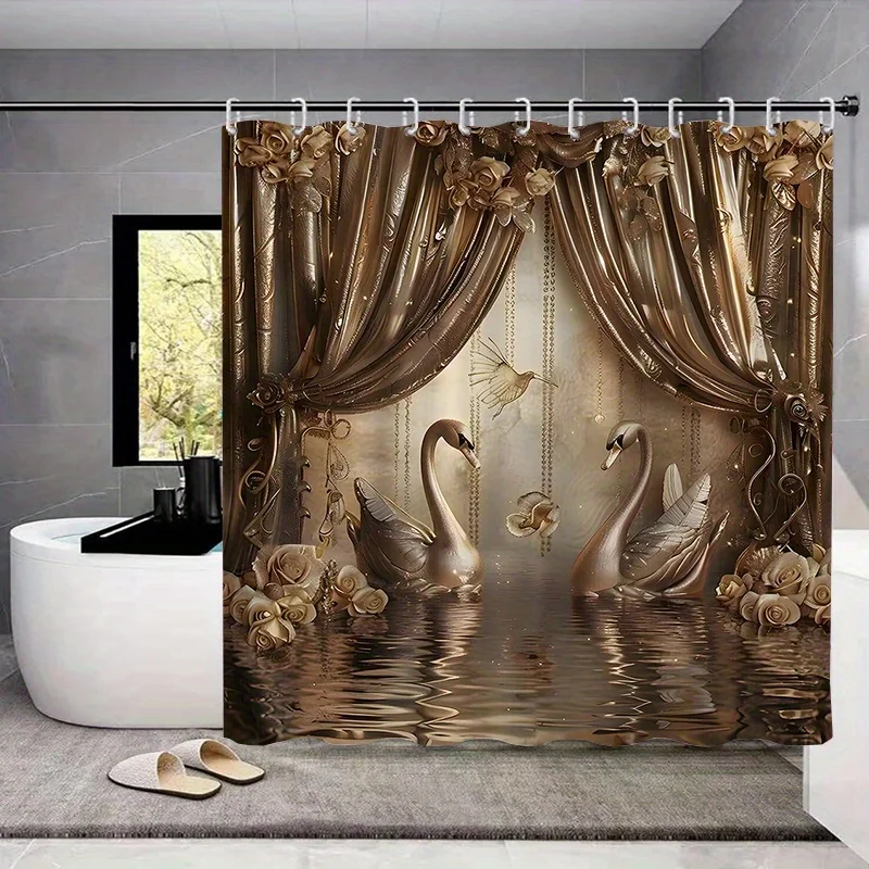 4pcs Luxury Swan Pattern Set, Waterproof Shower Curtain With Non-Slip Bath Mat, U-shaped Rug, Toilet Lid Cover, A