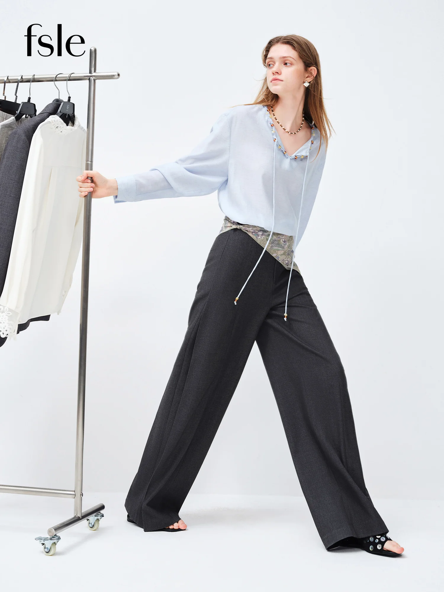 FSLE 2026 Spring Women's Wide Leg Trousers Wool Blend Acetate Pants High Waist Office Chic Pant Versatile Minimalist Soft Pants