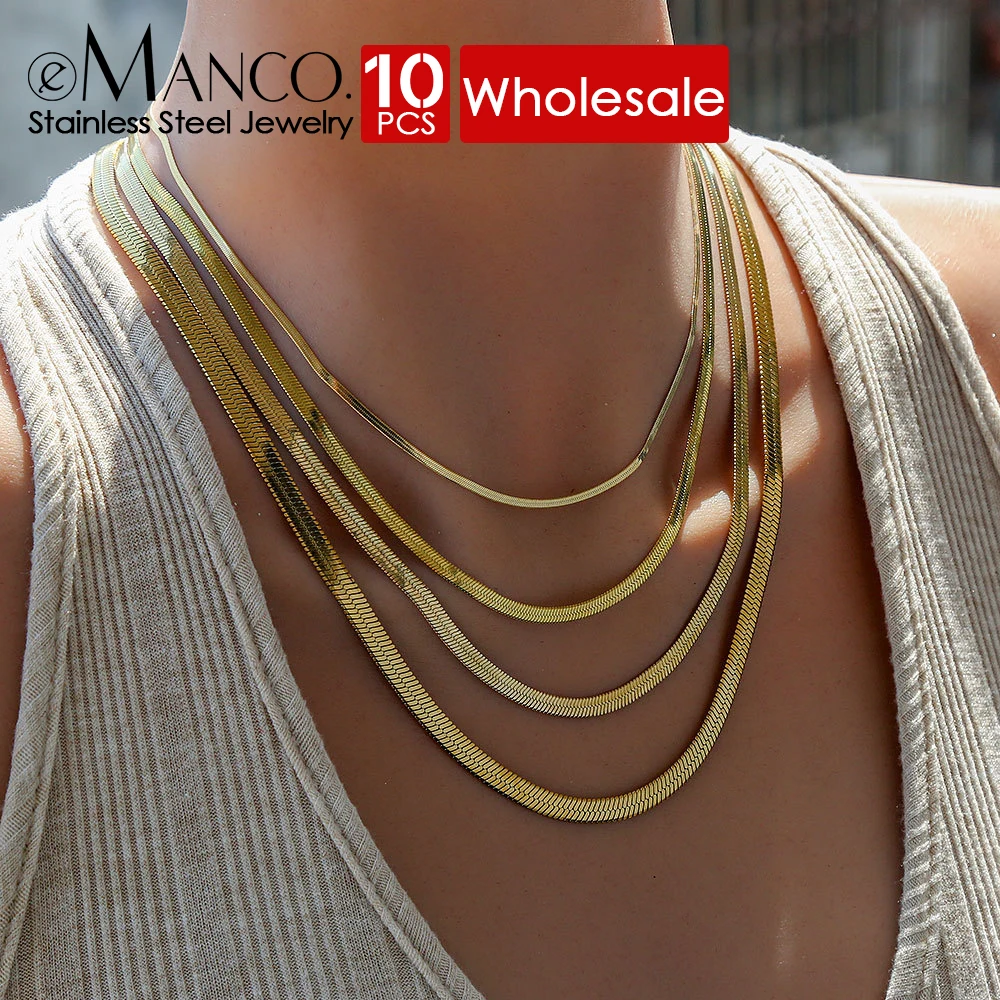EMANCO 10pcs Flat Herringbone Necklace Set Stainless Steel 14K Gold/Silver Color Women’s Daily Wear Layering Jewelry Gift