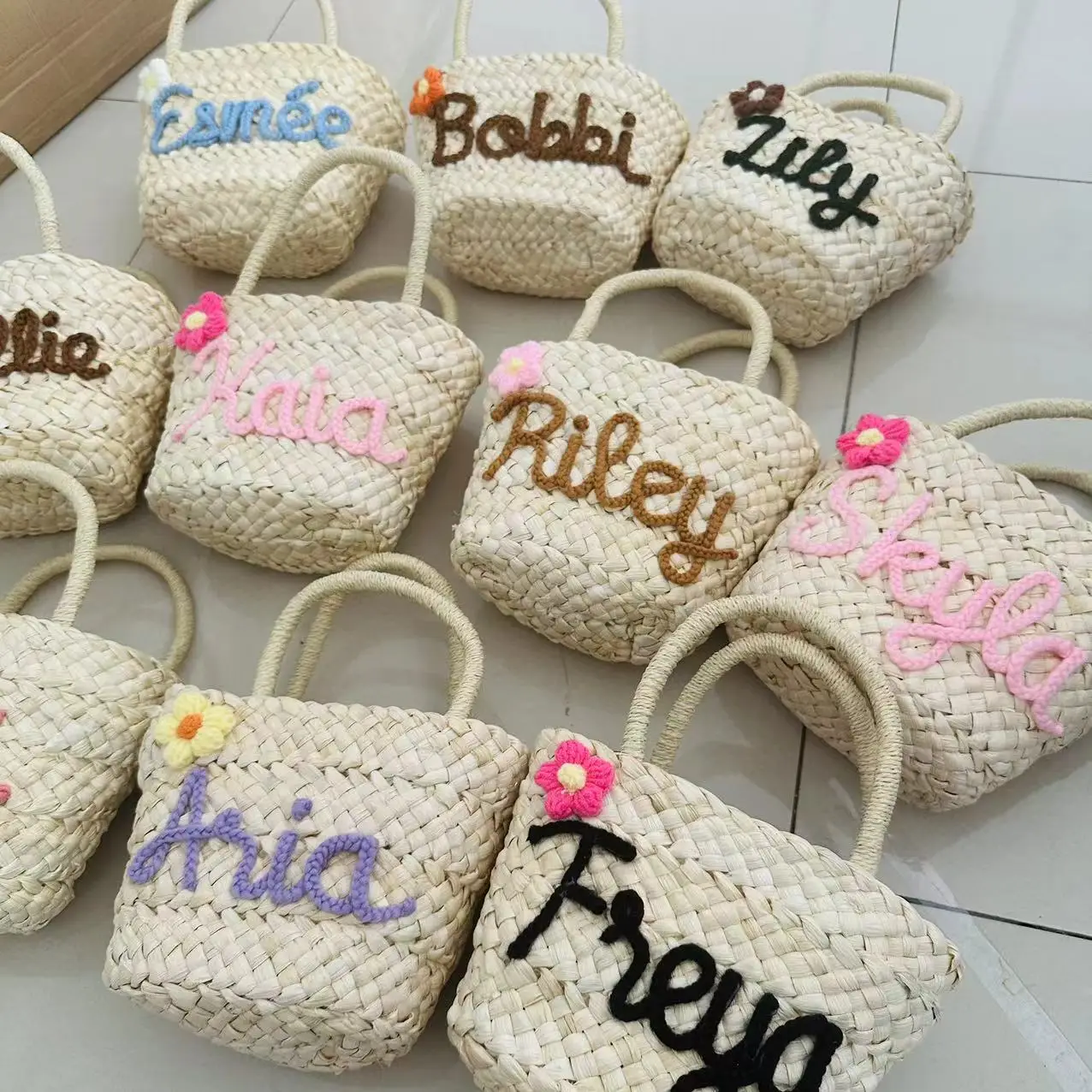 Custom Name Straw Beach Tote Bags For Women Luxury Designer Handbags Personalized  Purses Handmade Weave bag for Flower Girl