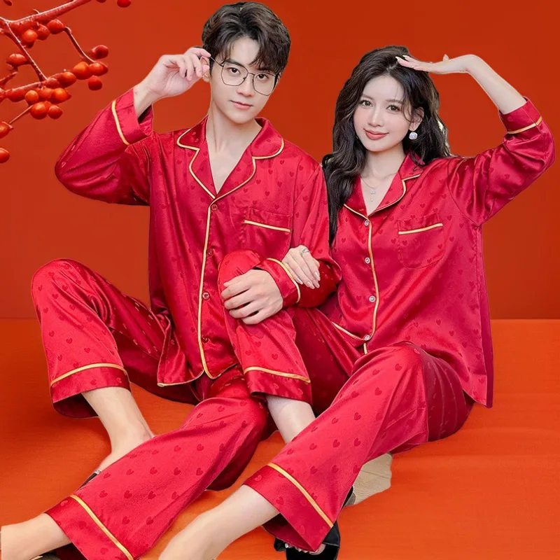 

Red Zodiac Year Winter New High-End Ice Silk Couple Sleepwear Set Long Pants Wedding Men's Outerwear Home Clothes