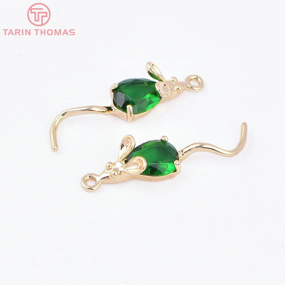 (1041) 4PCS 28x7MM 24K Gold Color Plated with Zircon Mouse Pendants Charms High Quality DIY Jewelry Making Findings Accessories