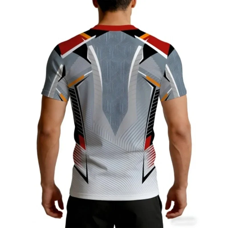 Men's Compression Sports Tshirt Geometric Lines Crew Neck Short Sleeve Quick Dry Elastic Breathable Gray Red Black Orange