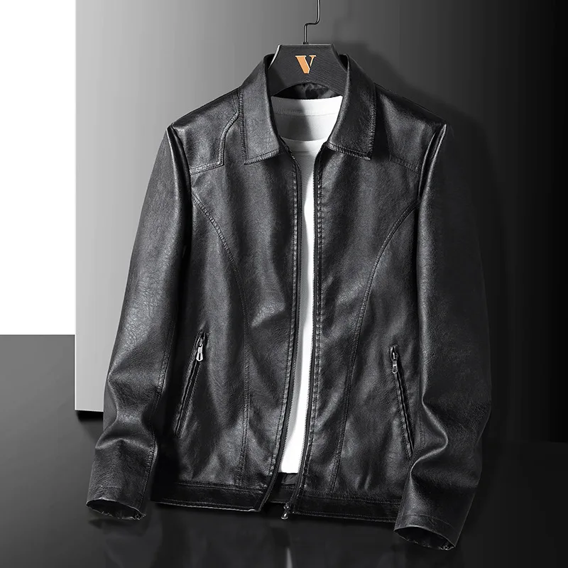 

Jackets Men Zipper Faux Leather Turn Down Collar Coat Leather Zipper Cardigan Moto Biker 2025 Long Sleeve Spliced Autumn