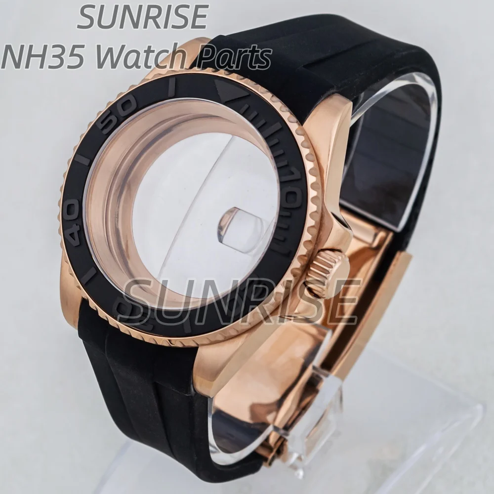 

40mm Rose Gold NH35 Case Sapphire Glass Rubber Strap for Yacht-Master NH34 NH35 NH36 NH38 Movement 316L Stainless Steel Men Case