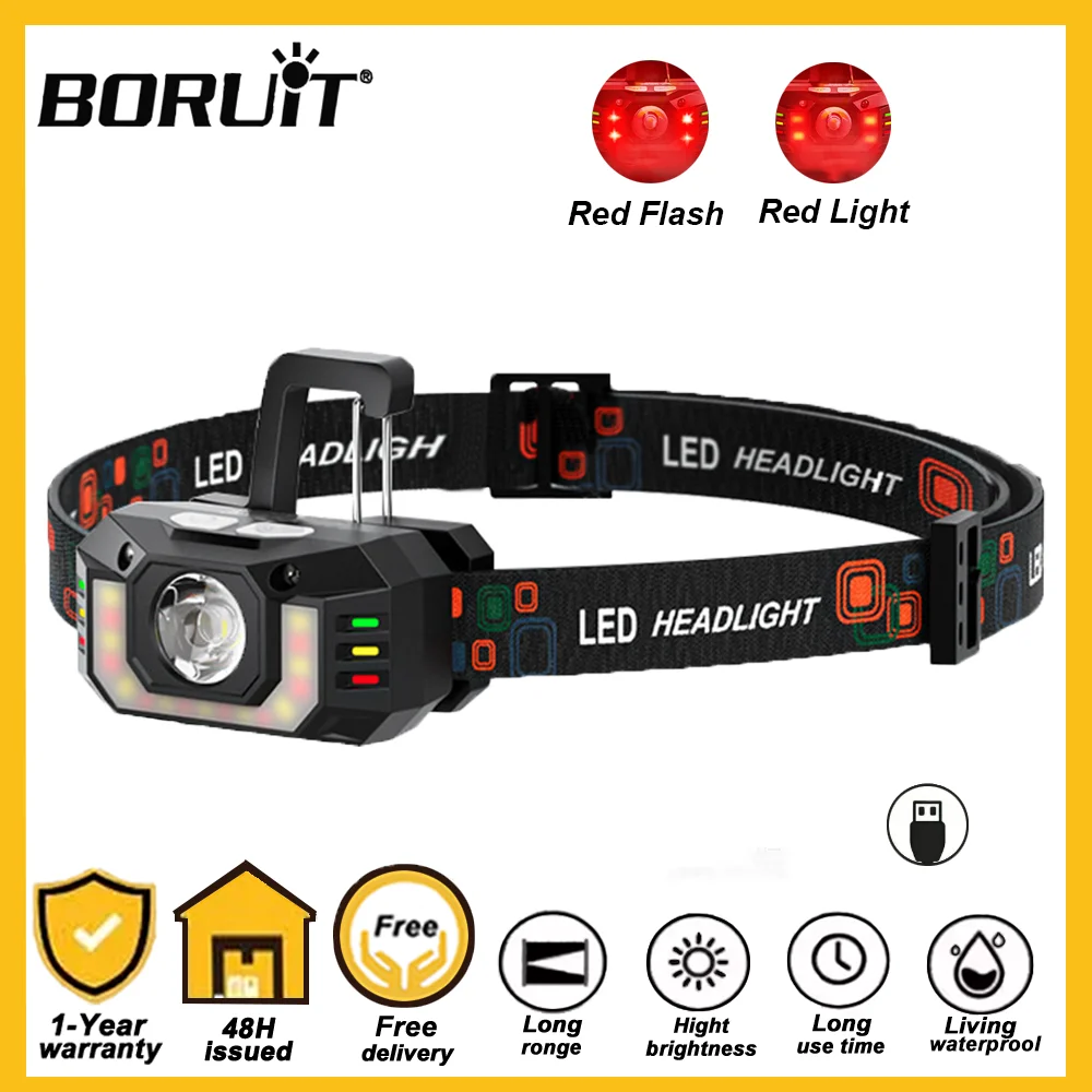 

BORUiT светодиодный мощный налобный фонарь с датчиком движения, USB C, перезаряжаемый с карабином, красный, белый цвет, фара, прожектор, фонарик Campi