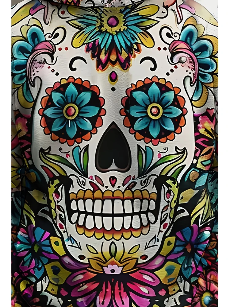 سترة بغطاء للرأس بأكمام طويلة مطبوعة على شكل جمجمة للرجال من Day of the Dead المكسيكي، بلوزة رياضية كاجوال مع جيب للربيع والخريف
