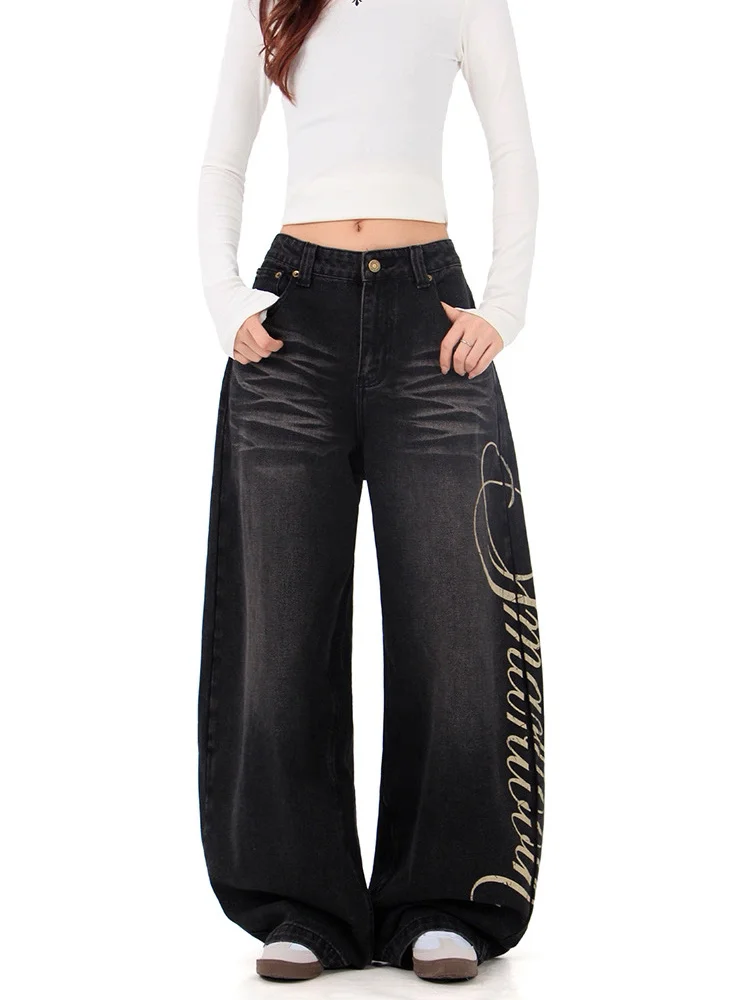 Black Curved Hem Jeans Women Fall American Vintage Graphic Print Wide Leg Trousers Loose Straight Fit Floor Length Y2K Denim