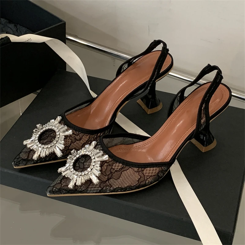 Eilyken Design Style Crystal Breathable Mesh Pointed Toe Women Pumps Elegant Slingbacks High Heels Party Prom Mule Shoes