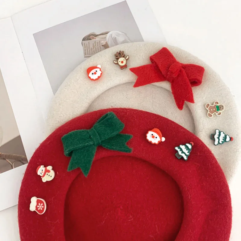 Świąteczny Beret dla Kobiet Wełniana Ciepła Czapka Malarza Moda Święty Mikołaj Drzewo Czapki Zimowe Grube Wiatroodporne Newsboy Hat Xmas Gift