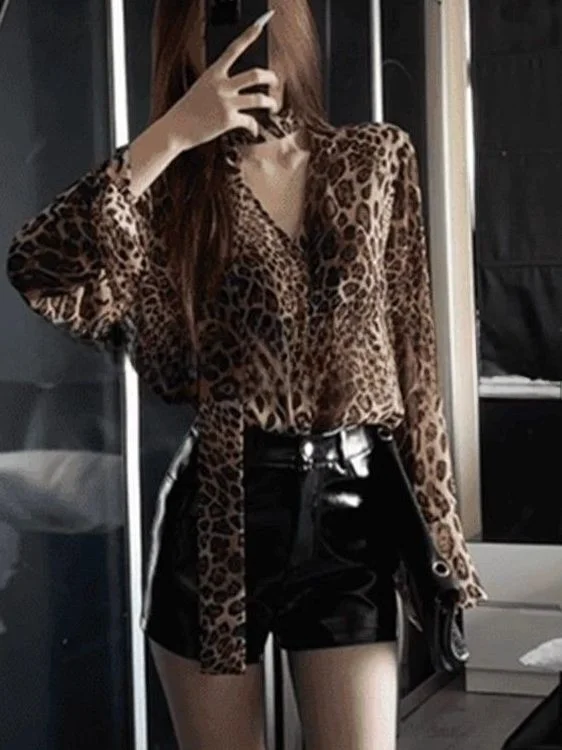 Sexy de talla grande para mujer largo Sve v-ne estampado de leopardo irt suelto adelgazante francés Sle Top puro deseo otoño nueva llegada