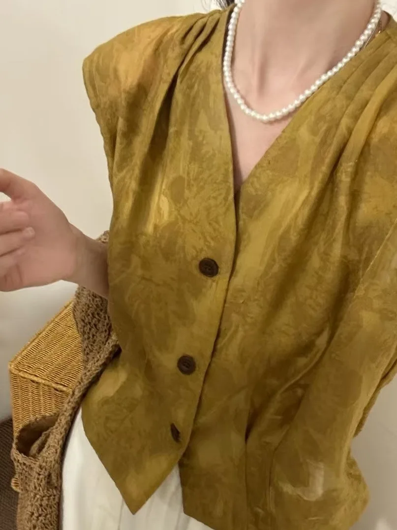 

Casual Chinese Sle Pleated Design Printed Vest Jaet plus Size Women's Single Button V-ne Svel Leisure oulder Pa...