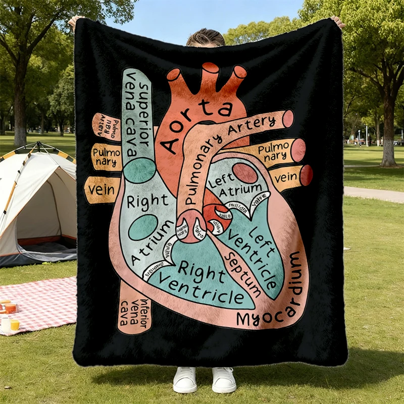Anatomy Heart Structure Diagram Graphic Flannel Blanket Breathable Medical Print Flannel Throw Casual