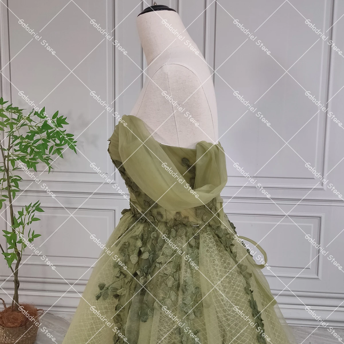 Vine Lace Off Shoulder Olive Green Evening Dresses Maxi Long Soft Tulle A Line Corset Closure Customized Prom Gowns with Boning