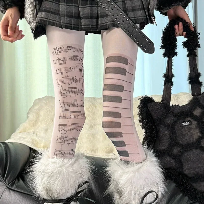 

Black White Music Note Print Pantyhose Subculture Y2K Women Sexy Piano Stockings Thigh High Stocking Fashion Ultra Thin Leggings