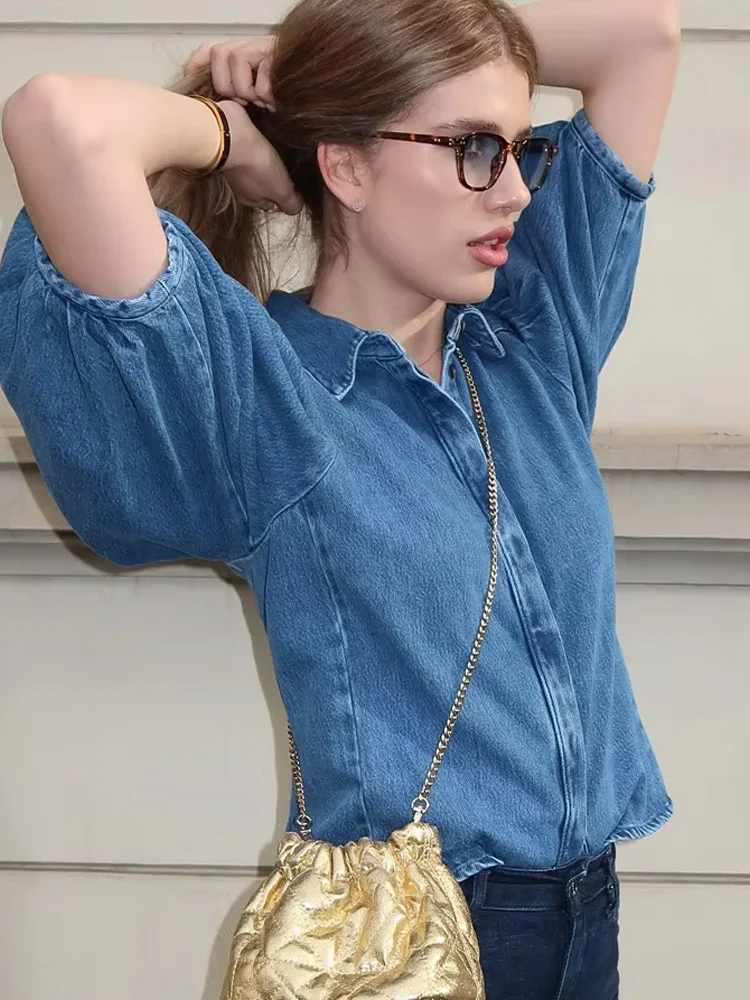 HH-pantalones vaqueros lisos para mujer, traje holgado con solapa, camisa de un solo pecho + pantalón informal de pierna ancha con bolsillo lateral de cintura alta y cremallera