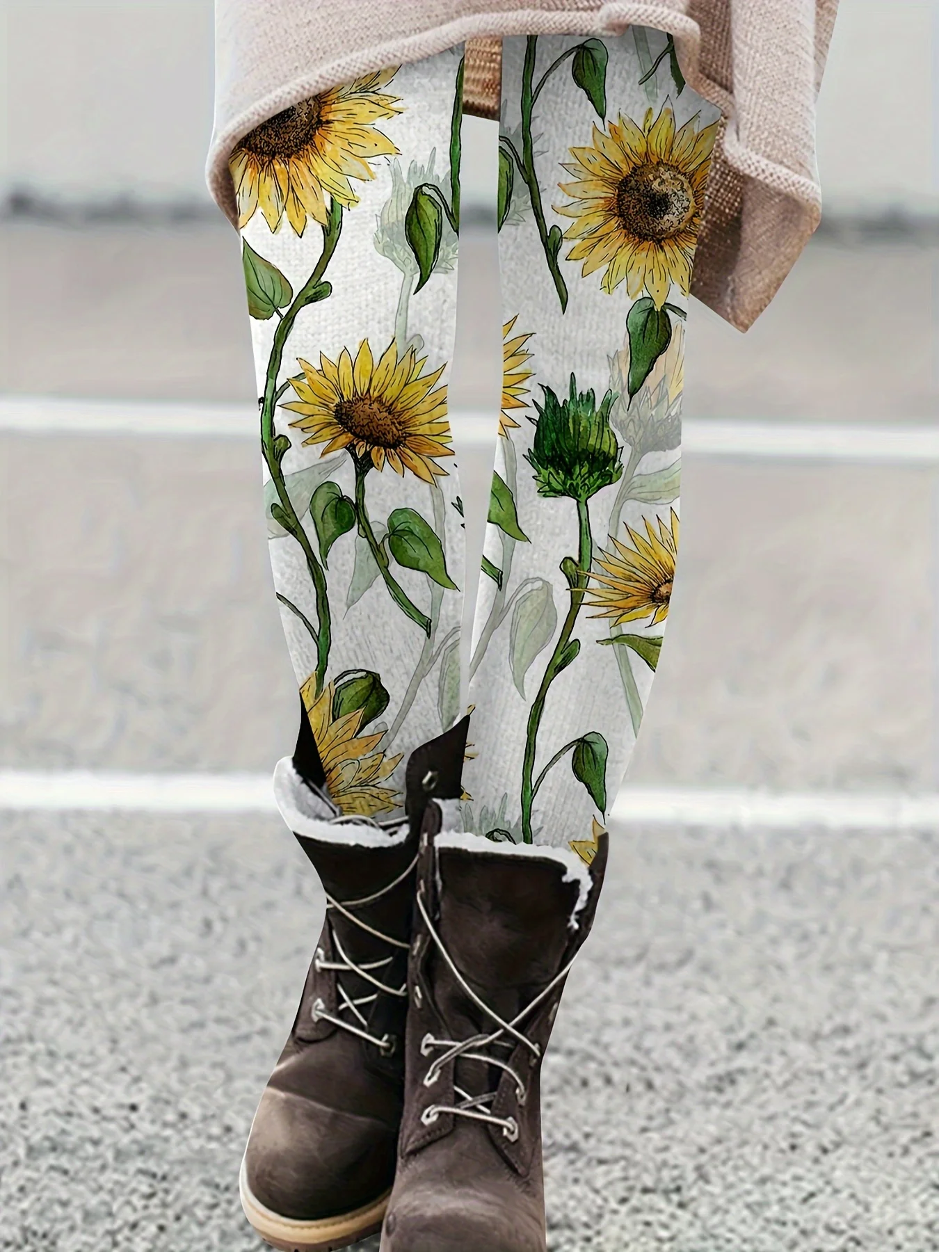 Women's Sunflower Print Leggings, Stretchy Slim Fit Tights for Casual Daily Wear