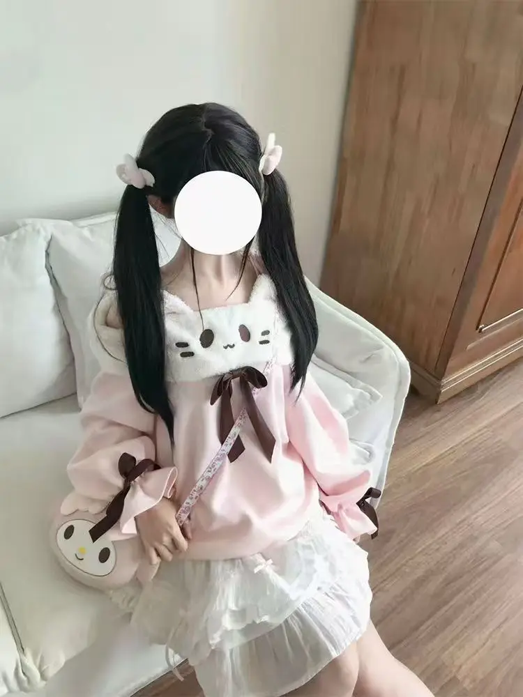 اليابانية Kawaii طويلة الأكمام الوردي هوديي المرأة الخريف الحلو القوس التطريز قبالة الكتف القمم تصميم دافئ جميل المرقعة معطف