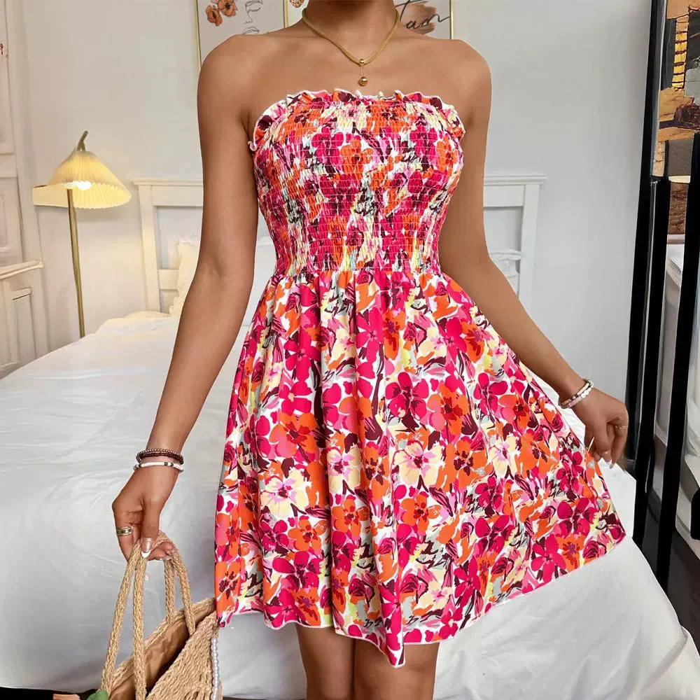 

Floral Print Bandeau Shirred Dress Women Mini Night Dresses Off Shoulder High Waist Dance Wedding Prom Y2k Summer Sexy Vestidos