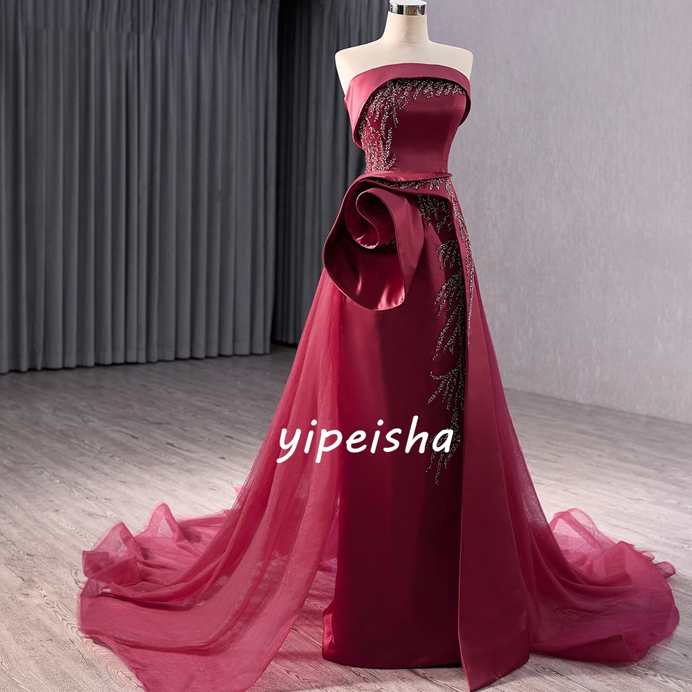 Satin Rhinestone Handmade Flower Birthday A-line Strapless Bespoke Occasion Gown Long Dresses