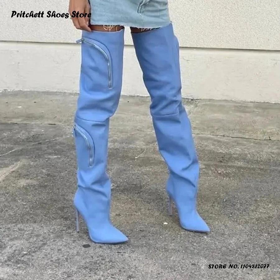 Women's Pocket Thigh High Boots Spring Autumn Street Style Over-the-knee Boots Western Pointed Toe Thin Heels Trending Shoes