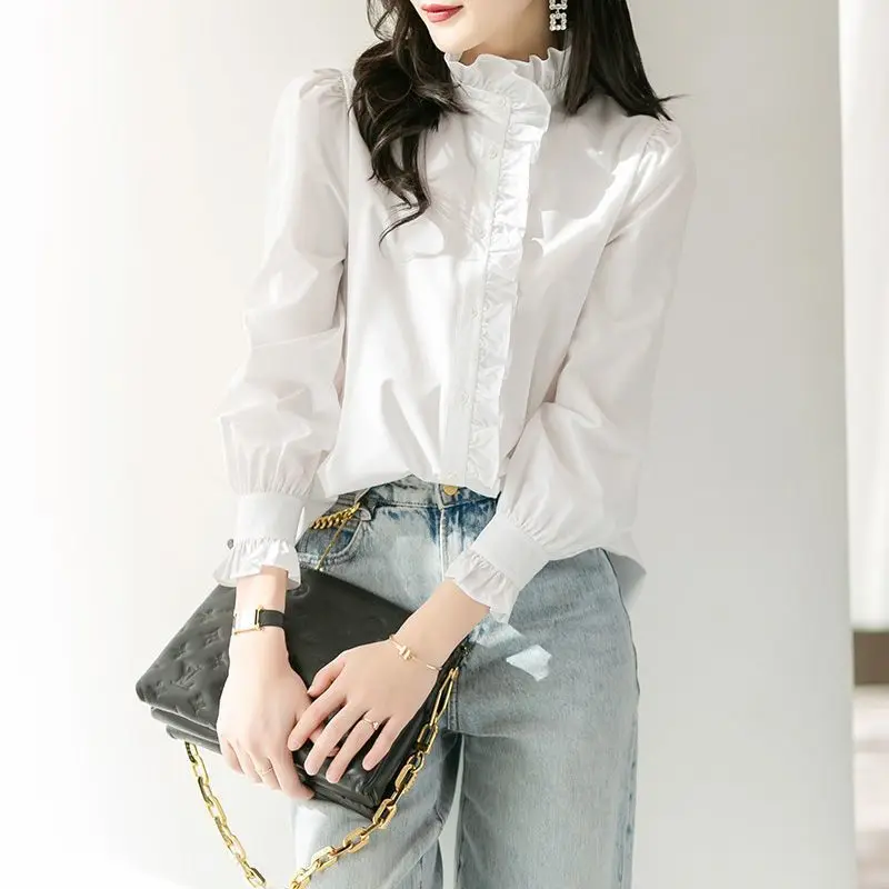 

Spring And Autumn New Korean Fashion Lace Collar White Ruffle Edge Shirt Women's Long Sleeved Mid Length Top