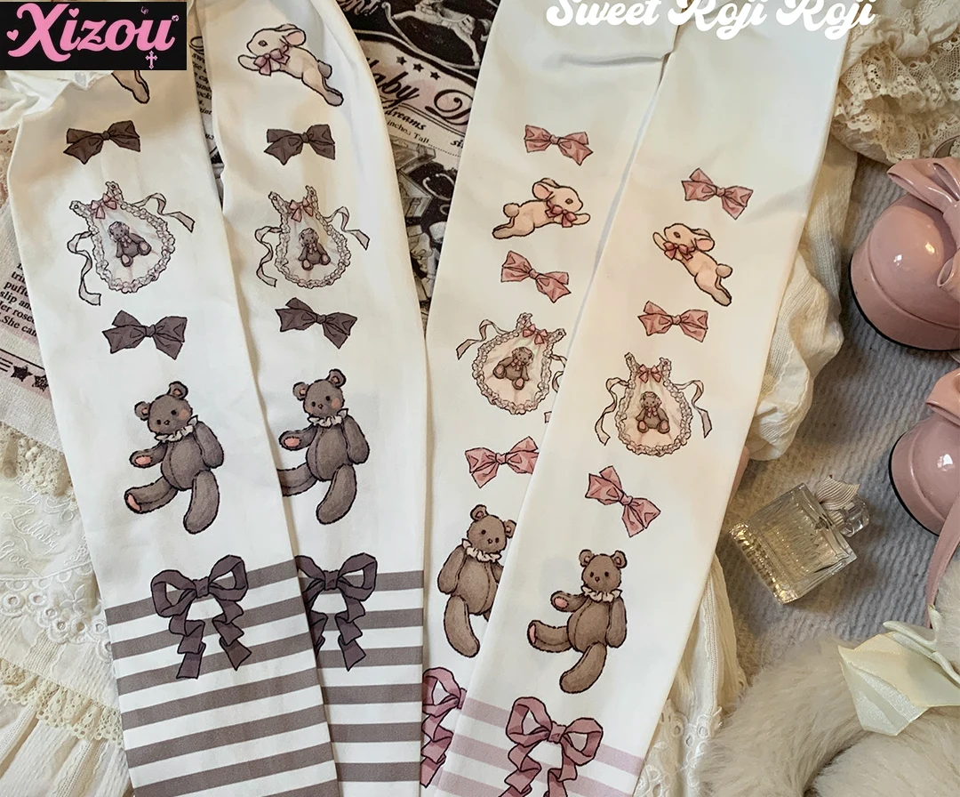 Japanese Sweet Cute Cartoon Printed Lolita Socks Women's Summer Autumn Skin Socks Velvet Printed Pantyhose Lolita Pantyhose