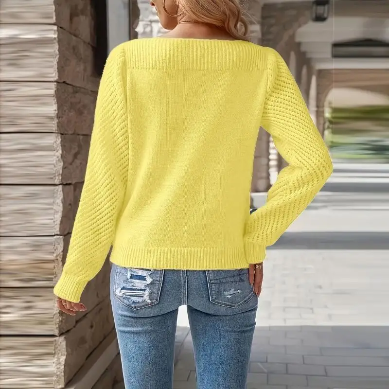 

652F Women's Long Sleeve Neck Crochet Pullover Sweater
