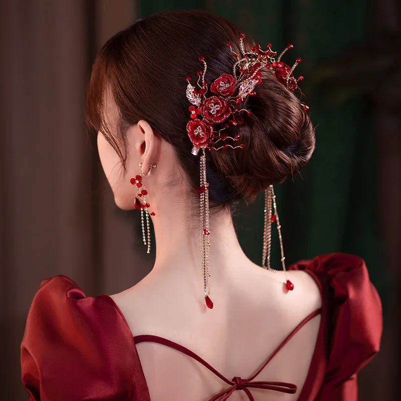 Chinese Style Fairy Tassel Hair Clip Earrings Sets Elegant Women Bridesmaid Wedding Hair Accessories Photography Hair Jewelry