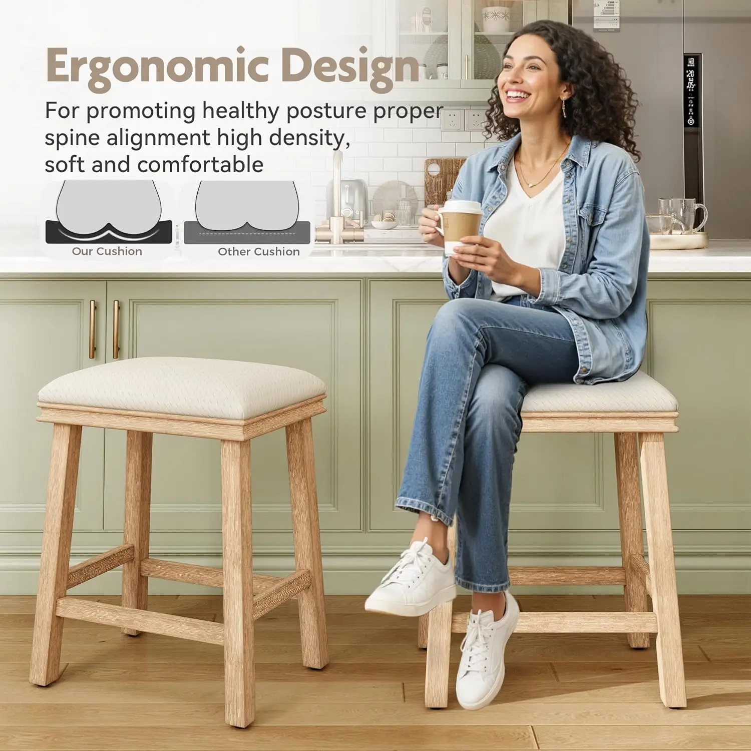 오프 화이트 바 스툴 2개 세트, 카운터 높이, 농가 스타일, 나무 다리, 인조 가죽 시트, 34'-38' 카운터용